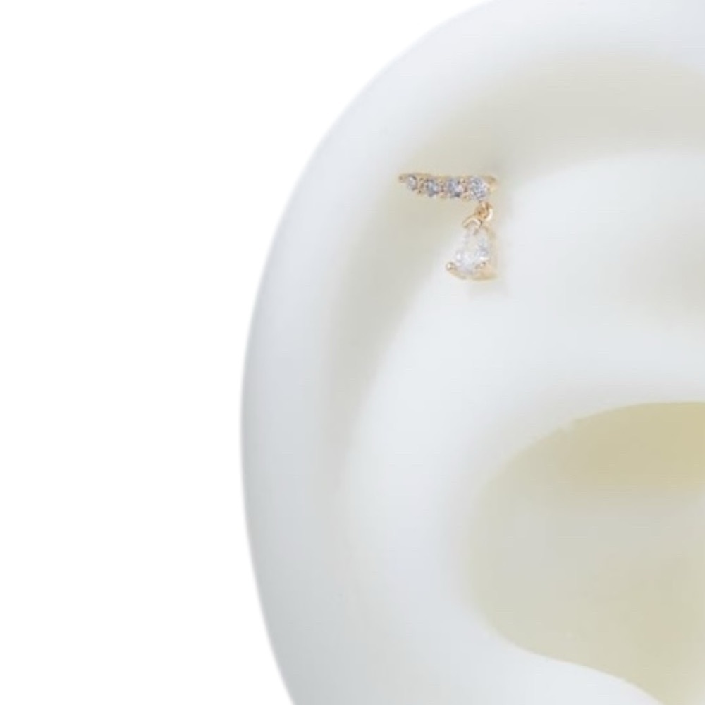 18G 14k Solid Yellow Gold Dangle Teardrop Stud Vertical Bar Threadless - Picture 4 of 4